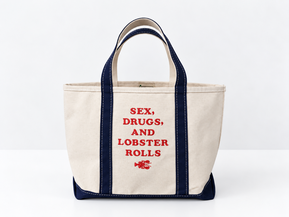 The "Sex, Drugs, & Lobster Rolls" Canva Beach Tote Bag- Navy & Natural