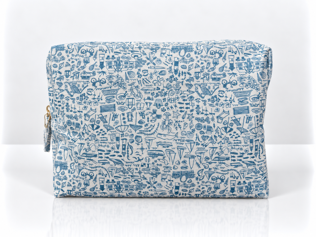 Blue Toile Coastal Scene Canvas Pouch