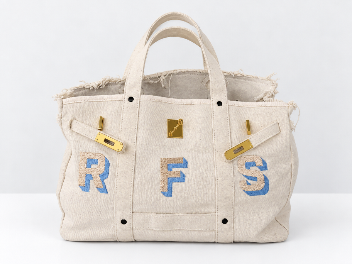 Distressed Canvas Tote Bag - Cream/Blue